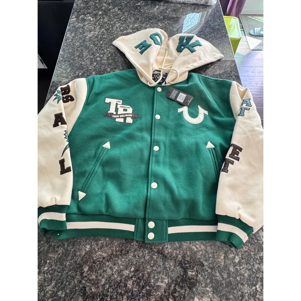 True Religion Retro Wool Varsity Jacket‎ Evergreen Winter White XXL 109636 NEW